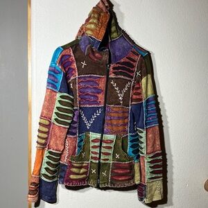 KPC Colorful Boho Gypsy Patchwork Zip Jacket Liripipe Style Hood & Front Pockets